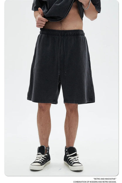 Fashion Summer Men 420gsm Washed Cotton Shorts Retro Unisex High Street Terry Knee Length Short Pants Streetwears HY0845