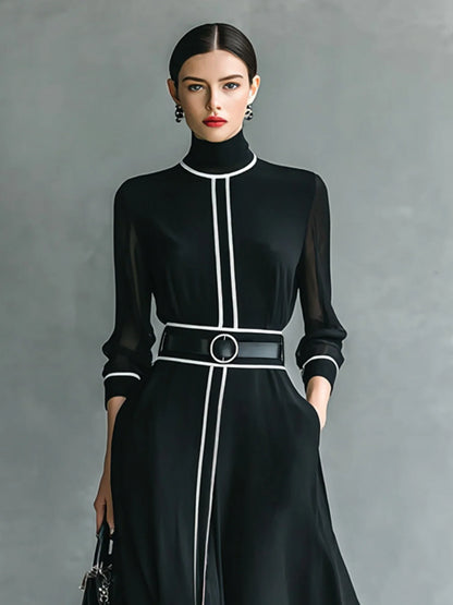 French Elegant Chiffon Maxi Dress, High Neck Long Sleeve with White Piping Trim, Ideal for Office, Business, Banquets & Parties