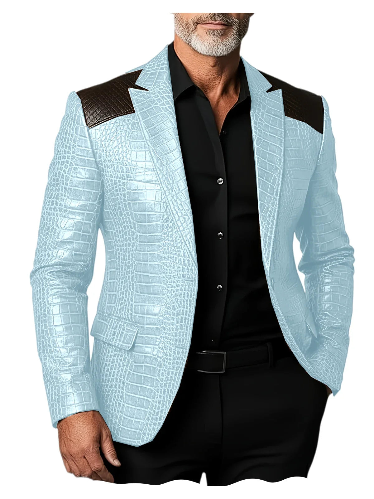 Men's Crocodile Pattern Leather Blazer Patchwork PU Leather Suit Jacket Notched Lapel Slim Fit Business Casual Coat Outerwear
