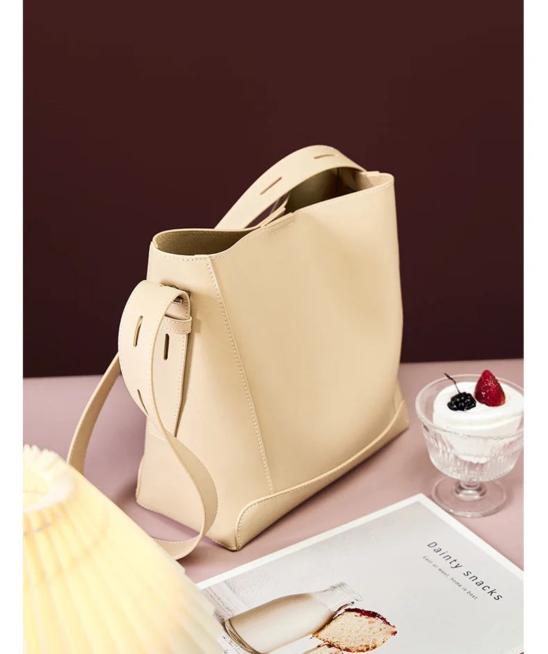 Ladies' Split Leather Bucket Shoulder Bags Female Commute Shopping Messenger Bags Adjustable Shoulder Strap Women Casual Handbag