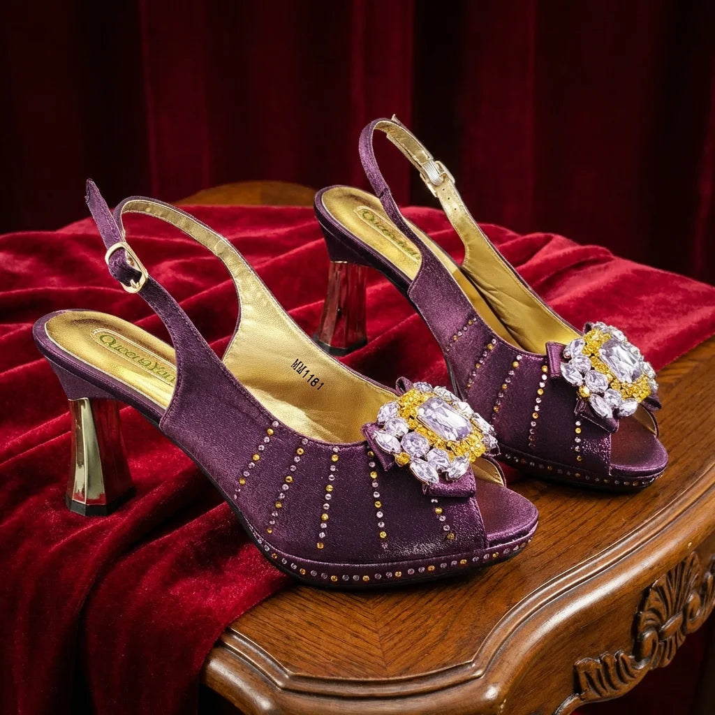 2026 New Brown Rhinestone Peep-Toe High Heel Sandals and Bag Set for Women –Elegant Italian Party Shoes Perfect for Wedding