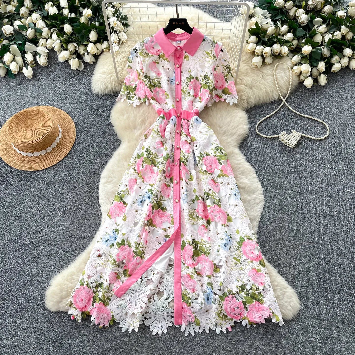 Embroidery Flower Vacation Dress French Style Blet Lapel Slim High Quality Hollow Out Ladies Elegant A-line Long Dress