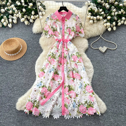 Embroidery Flower Vacation Dress French Style Blet Lapel Slim High Quality Hollow Out Ladies Elegant A-line Long Dress