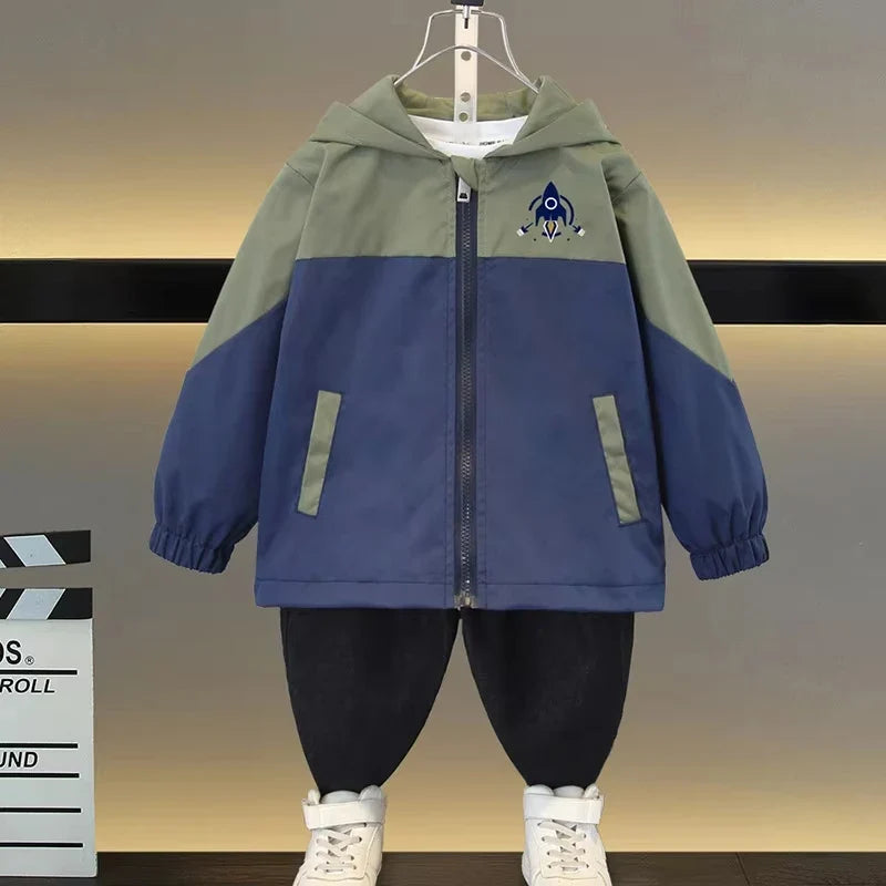 2025 Spring Autumn Kids Jacket Baby Boy Fashion Rocket Print Hooded Zipper Windbreaker Coat Children Clothing Outerwear 2-12 Yrs