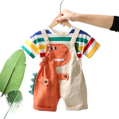Summer Kids Boys Clothing Toddler Fashion Rainbow Clothes T Shirt Cartoon Dinosaur Bib Pants 2Pcs/Set Children Costume Suit