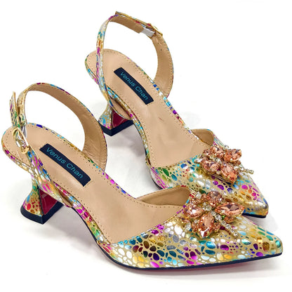 Elegant Rhinestone Heels & Matching Bag Set, Colorful Print Pointed Toe Block Heels for Banquet Club Night