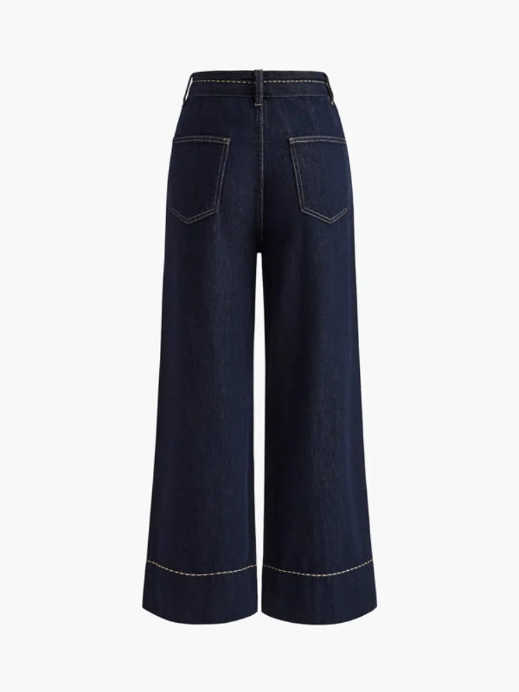 2026 Summer Women's Trendy Wide Leg Jeans Dark Blue High Waist Center Pleated Denim Pants with Contrast Stitching