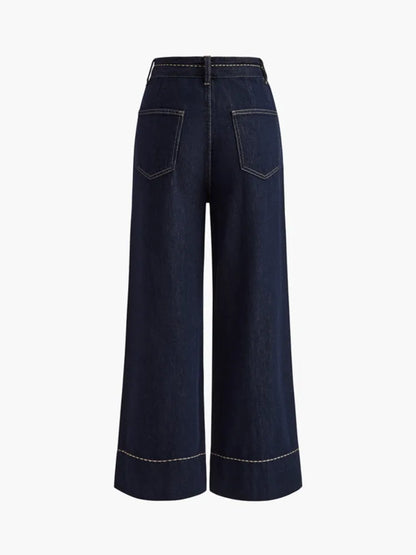 2026 Summer Women's Trendy Wide Leg Jeans Dark Blue High Waist Center Pleated Denim Pants with Contrast Stitching