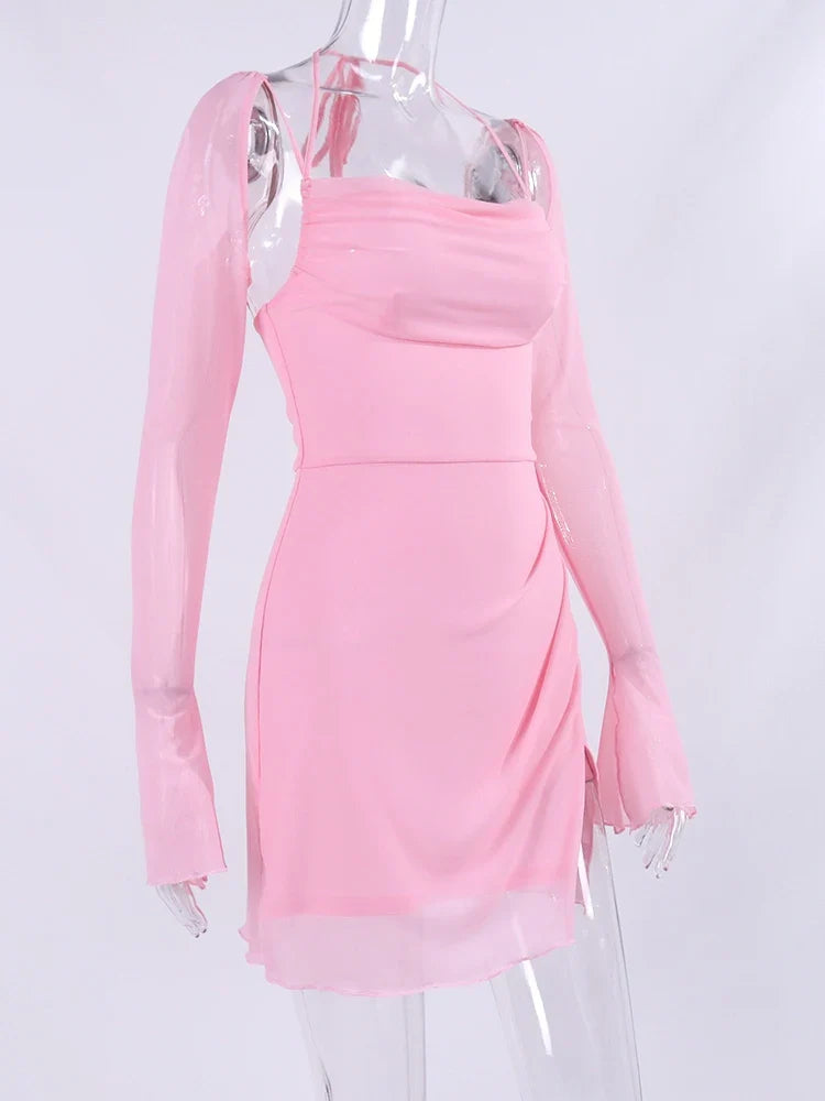 Halter Flounce Sleeves Mesh Pink Dress Women Sexy Solid Backless Bandage Mini Vestido Summer Vacation Party Club