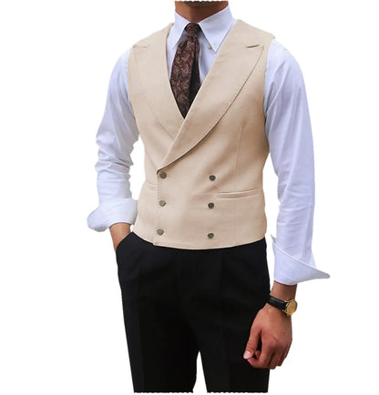 Men Vest Brown Solid Peaked Lapel Double Breasted Sleeveless Jacket Wedding Banquet Business Casual Slim Waistcoat