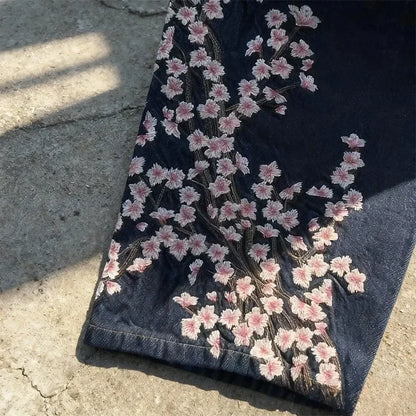 Y2K Harajuku Jeans Vintage Cherry Blossom Selvedge Denim Pants Hip Hop Gothic men women denim fabric wide leg pants streetwear