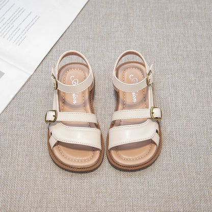 Girls Roman Sandals Open Toe Little Kids Leather Sandals with Buckle Open Toe Children Summer Beach Shoes Non-Slip Soft Sole