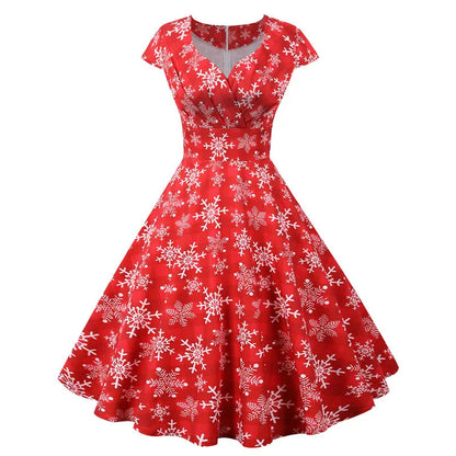 Fashion V-neck Short Sleeve Printed Christmas Dress Large Swing Vintage Elegant Xmas Party Dress