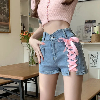 Pink Cross Denim Shorts  Tie Decorative Hot Trousers Shorts Female Summer New High Waist Thin A-line Shorts Womens Clothing