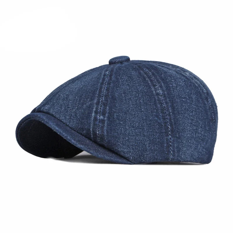 Men's Octagonal Hat Casual Solid Eight-blade Berets Washed Denim Newsboy Cap Women Painters Hat Peaked Herringbone Flat Cap