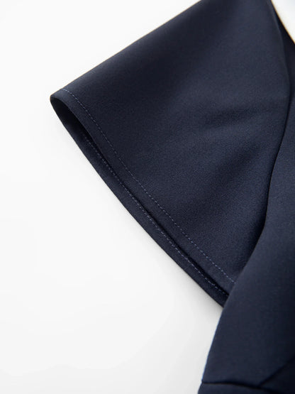 Women Sailor Collar Contrast Bow Belt Midi Dress Waist-Cinching V-Neck French Coquette Chic Elegant Style