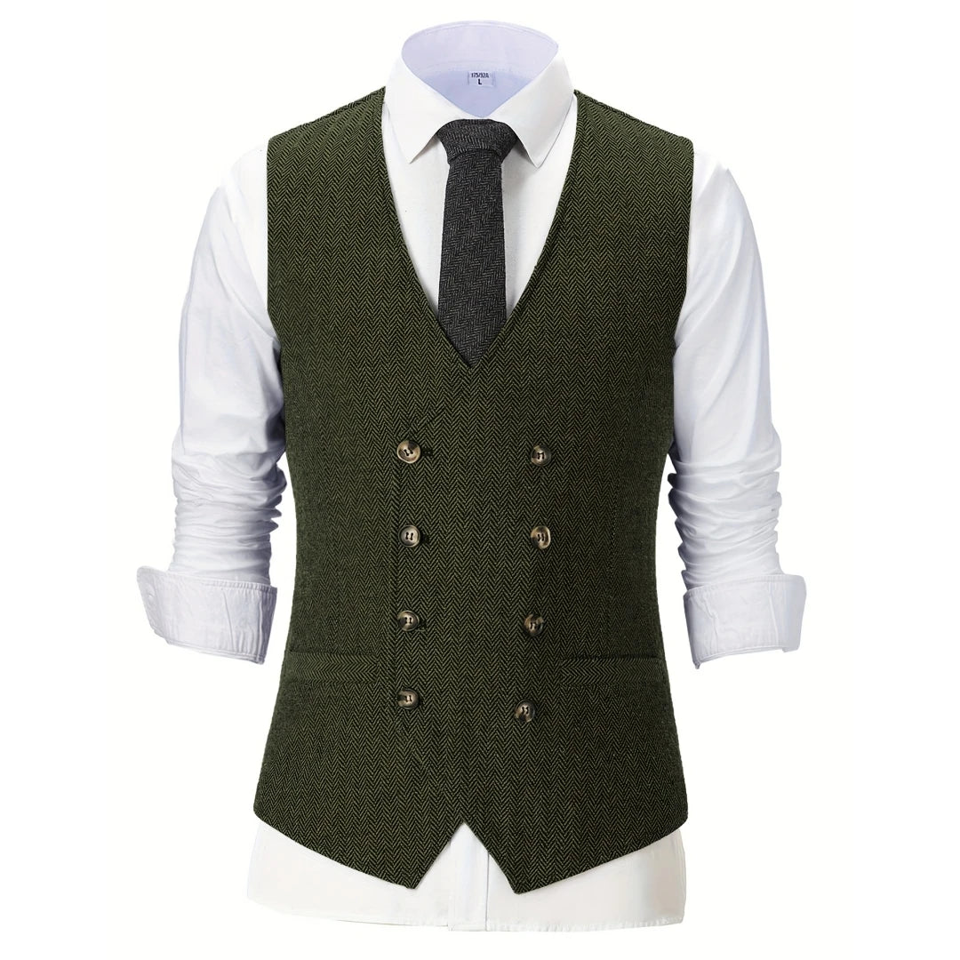 Men Vest Chanpagne Herringbone Double Button V Neck Waistcoat For Wedding Party Business Work Office Daily Casual Men Suit Vest