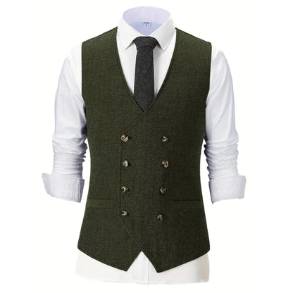 Men Vest Chanpagne Herringbone Double Button V Neck Waistcoat For Wedding Party Business Work Office Daily Casual Men Suit Vest