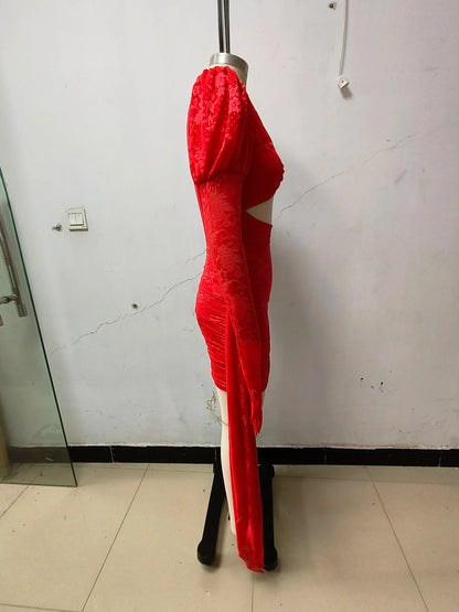 2024 New Fashion Red White Women Gloves Sexy Bodycon Mini Draped Dress Nightclub Party Bar Singer Birthday Celebrate Dress
