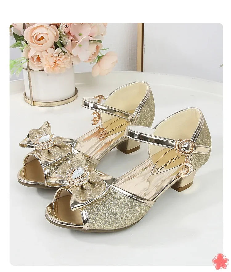 New Girl's High Heel Shoes for Kids Party Wedding Fashion Princess Causal Dress Shoes Sequins Versatile Children's Crown Sandals