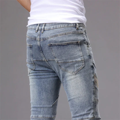 Men's Patchwork Skinny Ripped Jeans Fashion Trousers Elastic Slim Hole Biker Denim Pants Hip-hop Rock American Streetwear