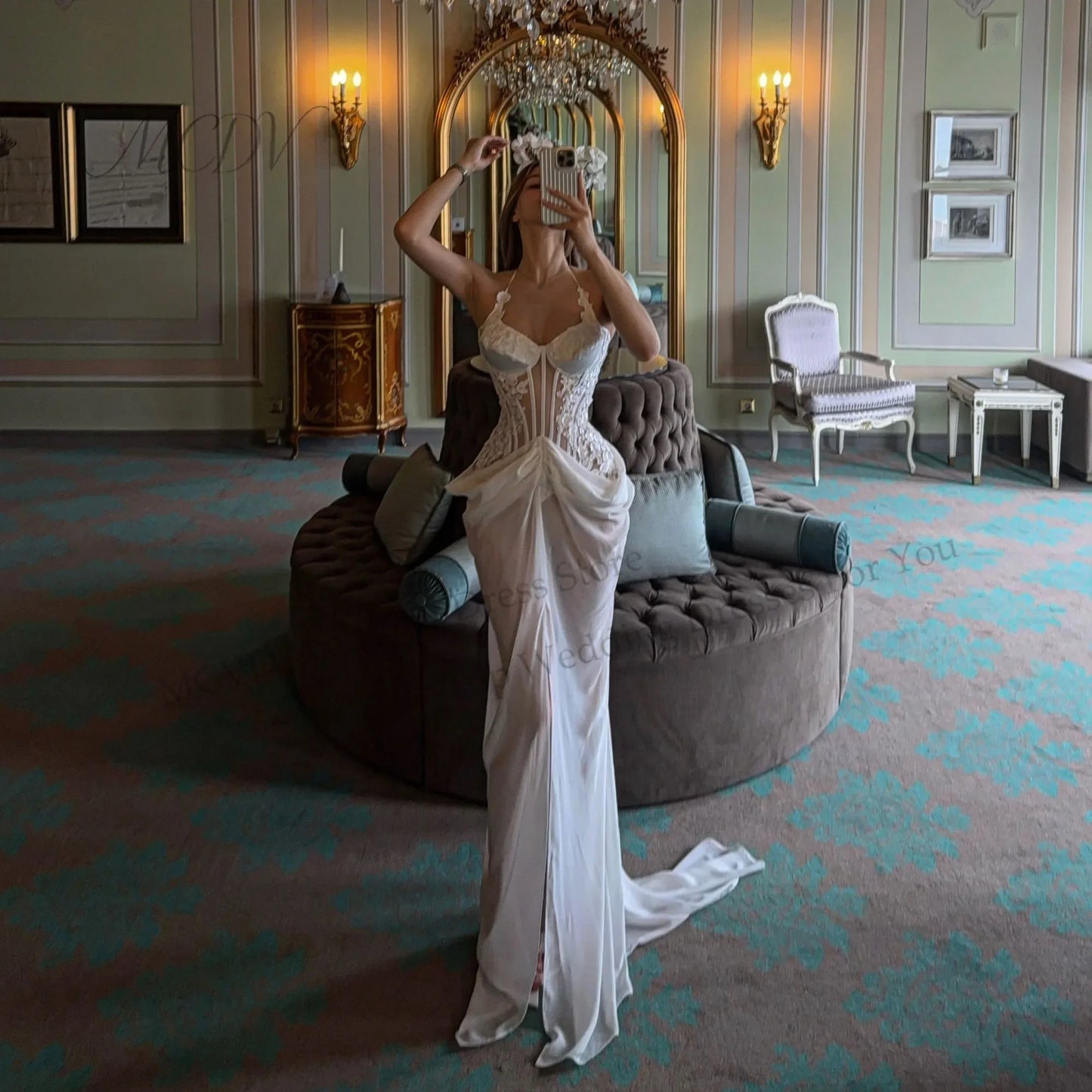 White Chiffon Mermaid Bridal Dress Halter Spaghetti Strap Bodice High Side Slit Lace Up Back Civil Engagement Party Wedding Gown