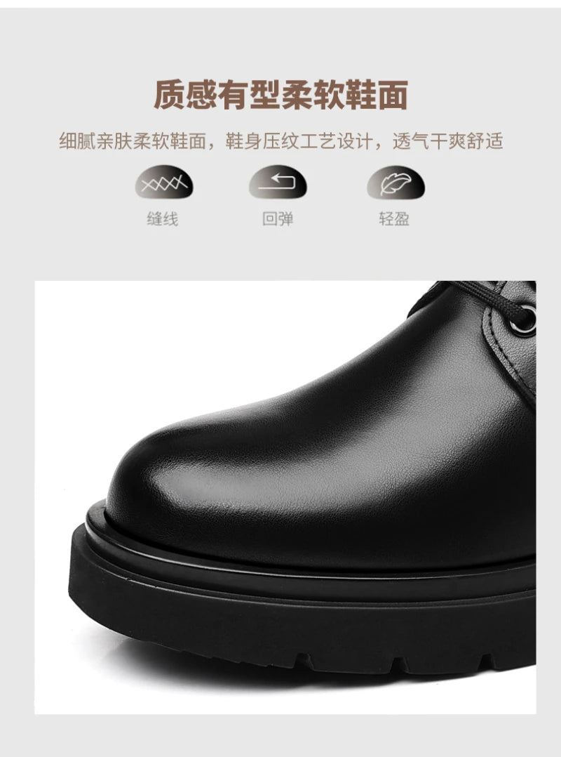 Mens Black Leather Lace Up Mid Top Boots Winter Warm Formal Business Office Wedding Shoes Black Work Boots Fashionable Dad Shoes