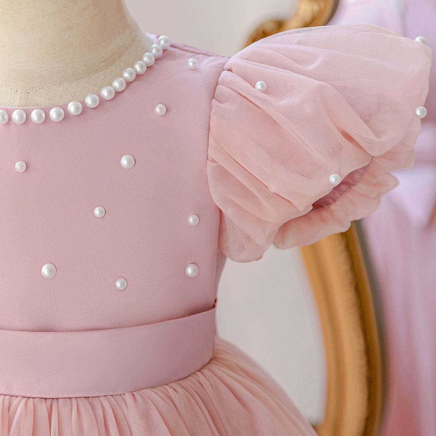 Summer Flower Girls Dress Elegant Imitation Pearl Birthday Party Prom Dress Girl Tulle Wedding Bridesmaids Pageant Princess Gown