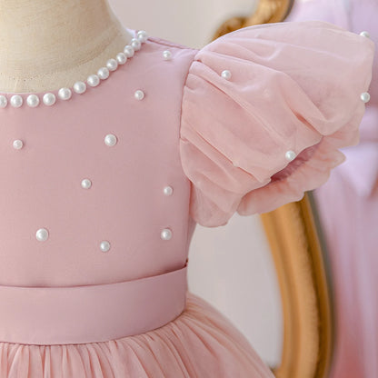 Summer Flower Girls Dress Elegant Imitation Pearl Birthday Party Prom Dress Girl Tulle Wedding Bridesmaids Pageant Princess Gown