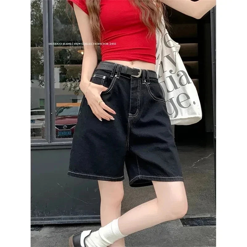 High-Waisted Straight-Leg Jeans Shorts for Women Summer New Style Slimming Black Five-Point Loose Wide-Leg Mid-Length Y2K Shorts