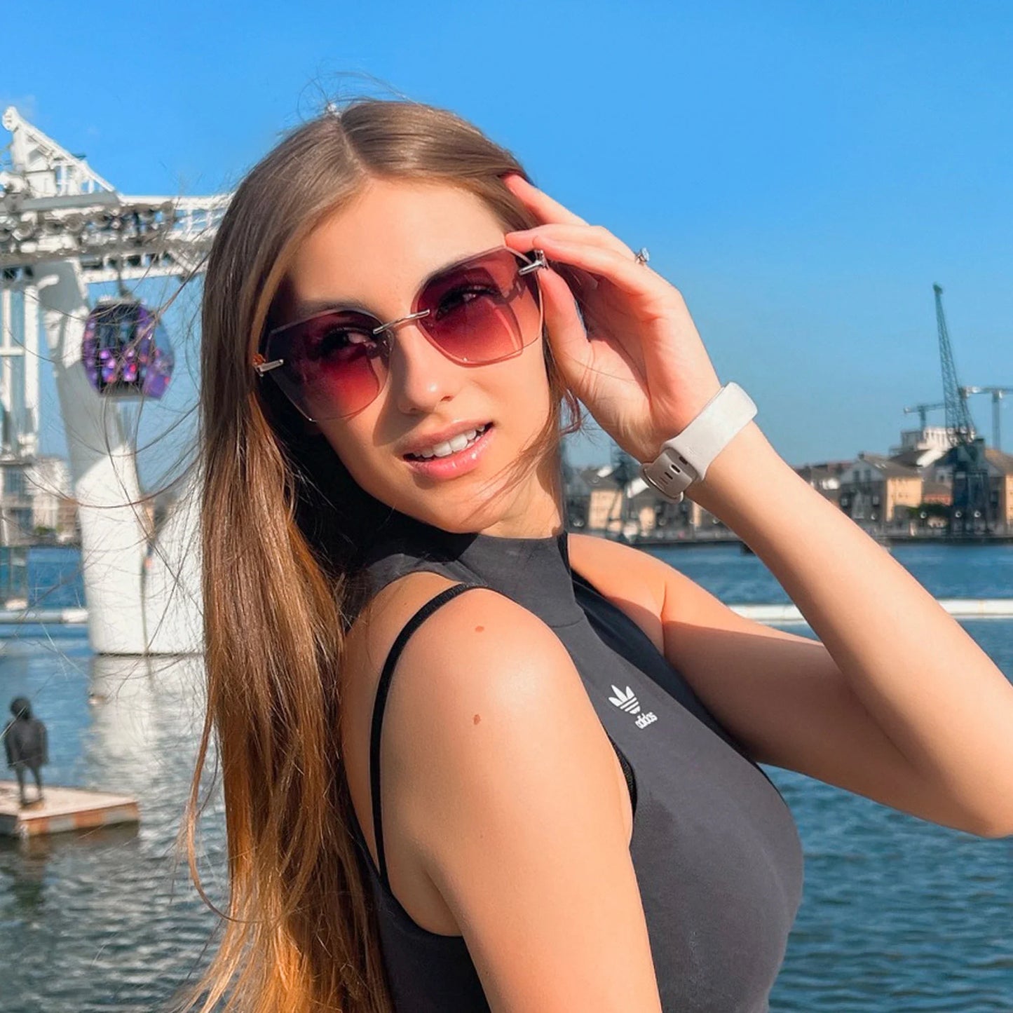 Fashion Women Rimless Sunglasses for Ladies Trendy Geometric Diamond Cutting Gradient Lens UV Protection Shades