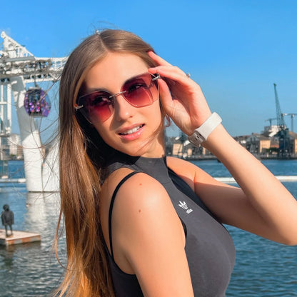Fashion Women Rimless Sunglasses for Ladies Trendy Geometric Diamond Cutting Gradient Lens UV Protection Shades