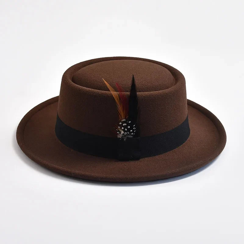 NEW Vintage Pork Pie Hat Mens Rolled Brim Felt Fedora Hat with Feather Gentleman Trilby Jazz Hats