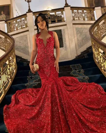 Elegant Gold Diamonds Long Prom Dress Luxury Beads Crystals Sequins Mermaid Birthday Wedding Party Gown Customized