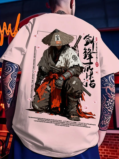 Summer Men's Japanese-style Ink-wash Samurai Pattern Casual Sports Street Style Trendy Short-sleeved T-shirt Soft Breathable