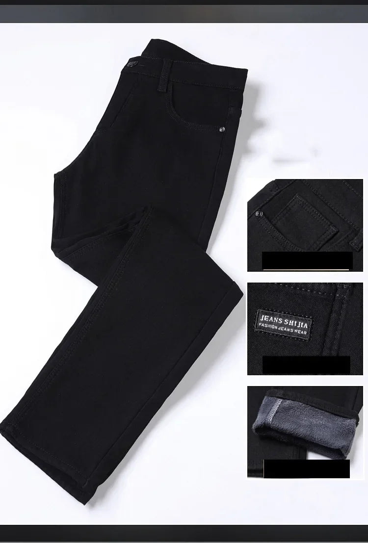 Men New Winter Classics Fleece Thick Warm Jeans Men's Loose Straight Elastic Denim Pants Casual Plush Trousers Large Size 28-40