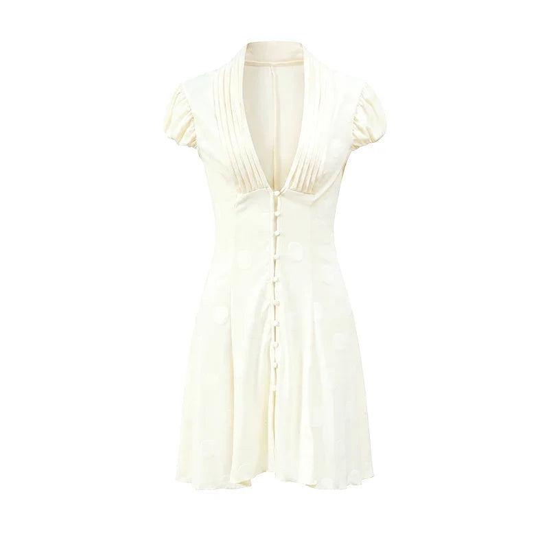 Elegant Solid Polka Dot Dress Women Sexy Deep V Neck Puff Sleeve Waist-cinching Mini  A-line Dresses 2026 Summer Lady Party Robe