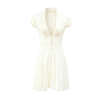 Elegant Solid Polka Dot Dress Women Sexy Deep V Neck Puff Sleeve Waist-cinching Mini  A-line Dresses 2026 Summer Lady Party Robe