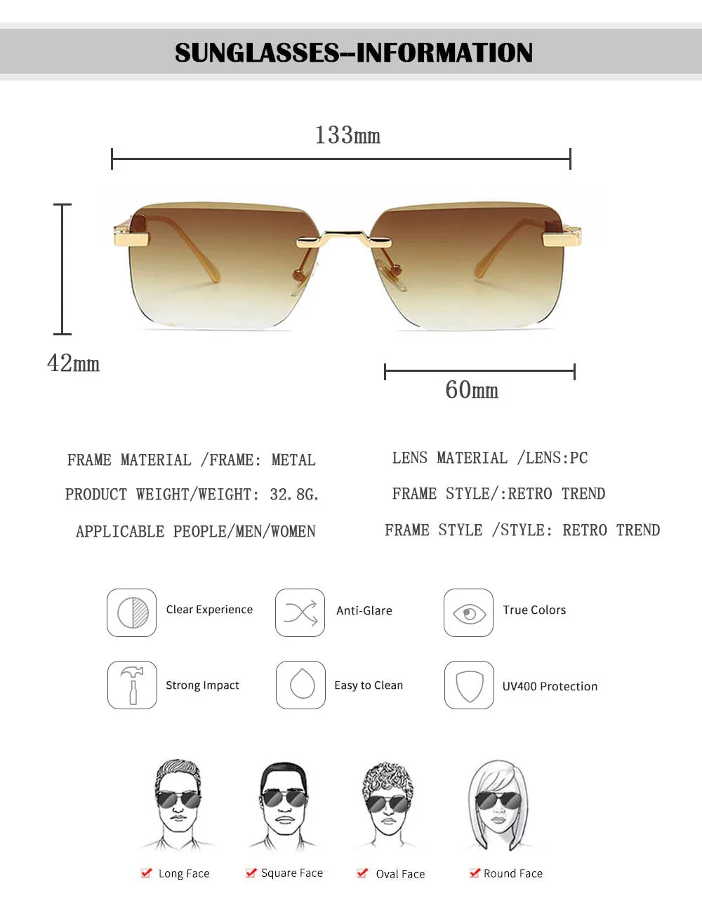 Vintage Square Sunglasses For Men Rimless Sunglasses Women Trendy Retro Fashion Glasses Gafas De Sol Hombre Lunette Soleil Femme