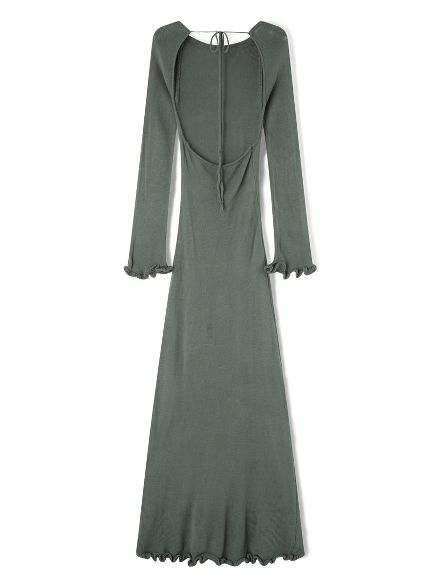 Women's Autumn Winter Knitted Bodycon Dress Long Sleeve Tie Backless Round Neck Solid Color Ruffle Trim Long Dress Beachwear