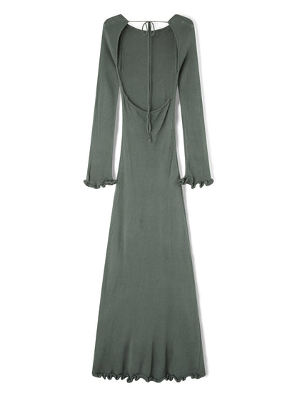 Women's Autumn Winter Knitted Bodycon Dress Long Sleeve Tie Backless Round Neck Solid Color Ruffle Trim Long Dress Beachwear