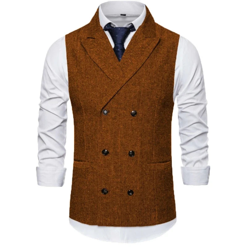 Men Vest Brown Herringbone Double Breasted Buckle Solid Business Casual Waistcoat Regular Slim Banquet Men Suit Vest
