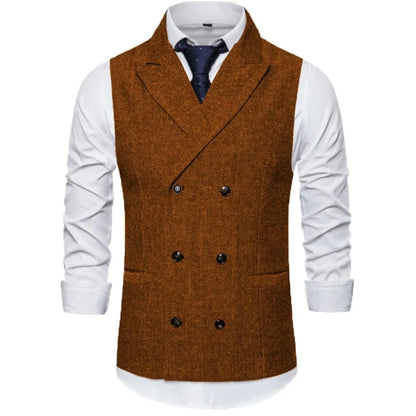 Men Vest Brown Herringbone Double Breasted Buckle Solid Business Casual Waistcoat Regular Slim Banquet Men Suit Vest