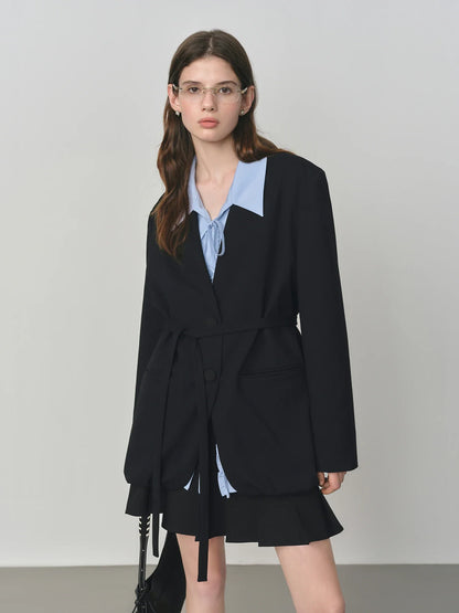 Elegant Collarless V-Neck Oversized Blazer with Sash for 2025 Autumn New Arrival Blazer Suits Coat 25FS13214