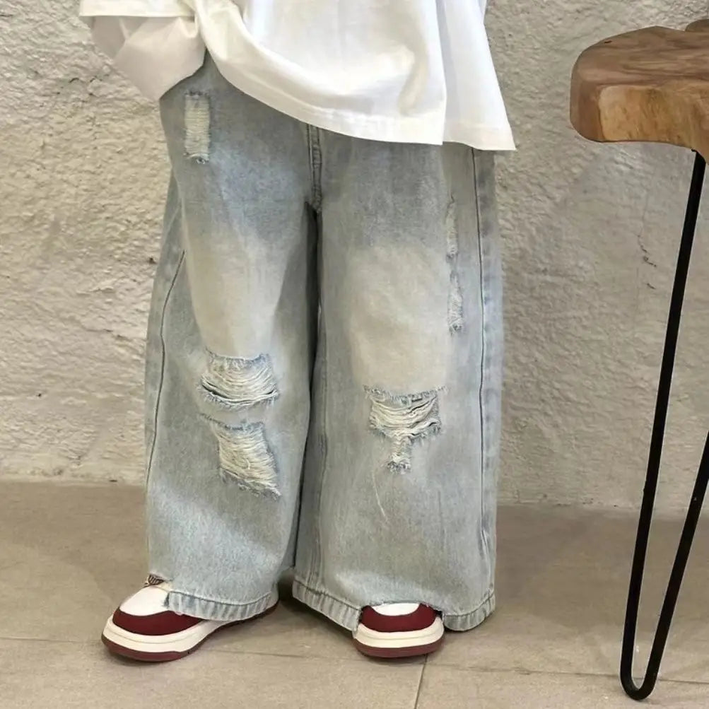 2-9 Yrs Baby Boys Spring and Autumn Korean New Children's White Loose Two Sleeve T-shirt+Hole Jeans Set Boy Outfits Kids Clothes