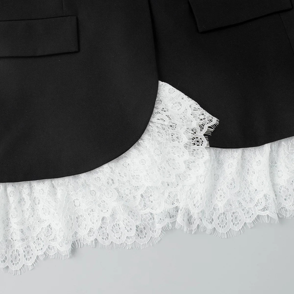 Spring Autumn Elegant Lace Splicing Blazer V-Neck Oversized Black Coat Chic Streetwear Women