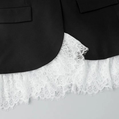 Spring Autumn Elegant Lace Splicing Blazer V-Neck Oversized Black Coat Chic Streetwear Women