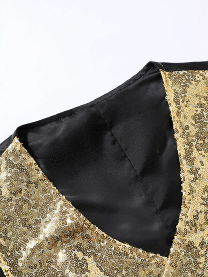 2026 New Black Men's Shiny Sequin Suit Collar Sleeveless Vest, Wedding/Party/Stage Performance, Gold or Silver Optional