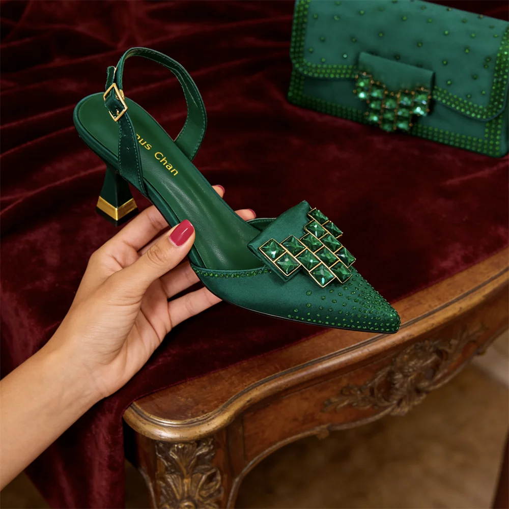 Women’s Green Rhinestone High Heel Shoes with Matching Bag - Stylish Pointed-Toe Footwear for Parties and Special Occasions