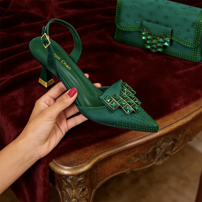 Women’s Green Rhinestone High Heel Shoes with Matching Bag - Stylish Pointed-Toe Footwear for Parties and Special Occasions